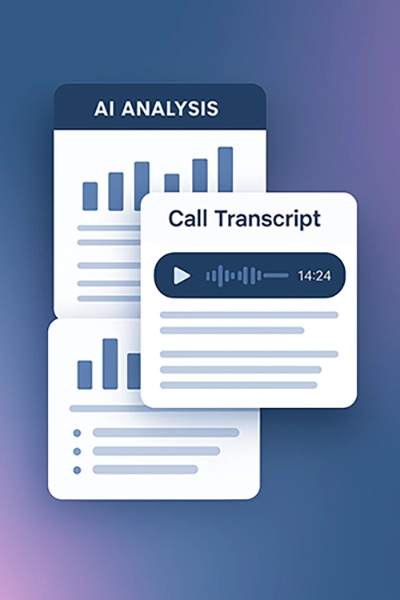 AI CallSense Audio Transcripts with Sales Insights Stack of AI-analyzed sales call transcripts showing highlighted insights and sentiment markers